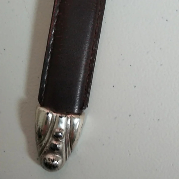 BROWN SEWN EDGE, GENUINE LEATHER 3/4" HEAVY SILVER BUCKLE & TIP END VINTAGE 1995 - Picture 4 of 8